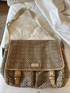 (Negotiable) Coach Signature Canvas Messenger Bag in Brown and Tan